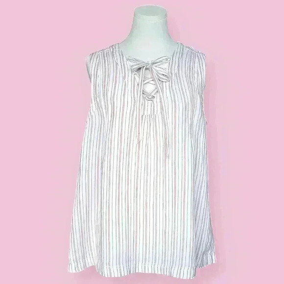Rachel Zoe 100% Linen Pastel Pink Vertical Stripes Sleeveless Summer Blouse - Picture 12 of 13